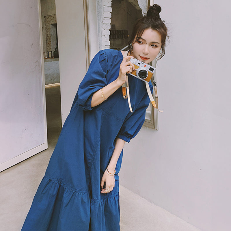 Aラインクルーネックロングワンピース