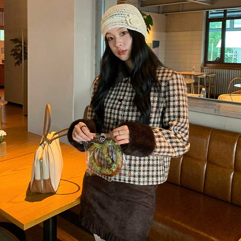 ファーカフスチェックショートコート