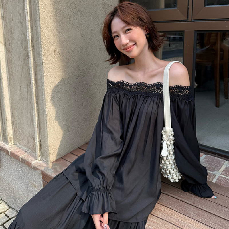 オフショルダーカットソー×ロングスカートセット(2colors)