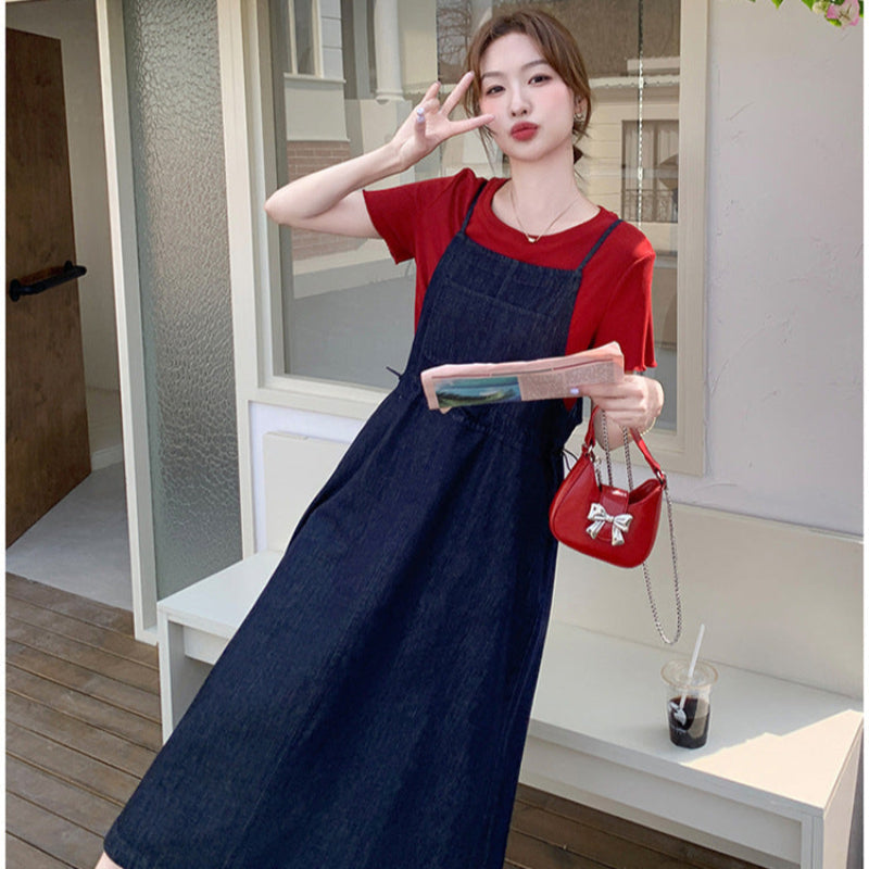 半袖Tシャツ×デニムサスペンダースカートセット
