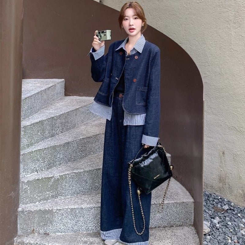 レイヤードデニムジャケット×ワイドデニムパンツセットアップ