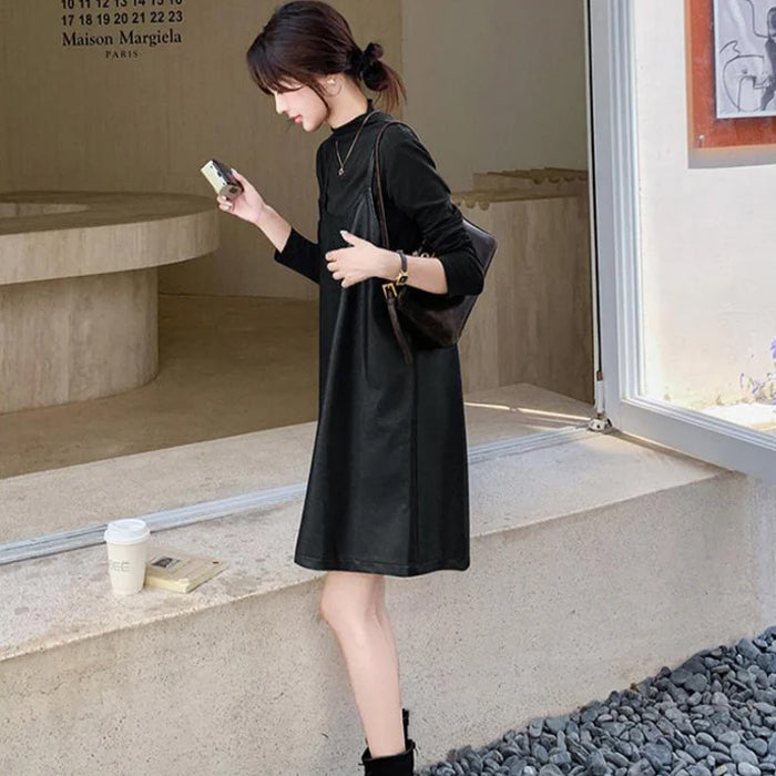 タートルトップス×PUレザーワンピースセット(2colors)