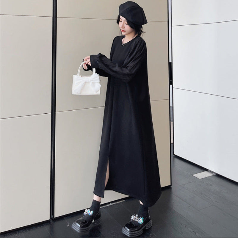 シフォンロングスリーブブラックワンピース