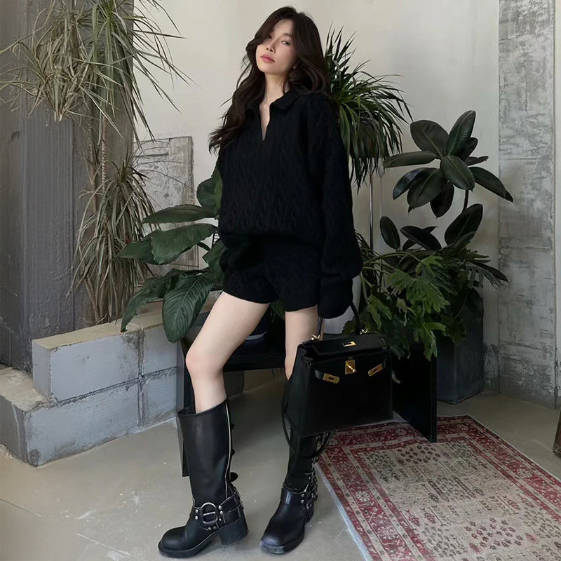 machatt黒オーバーサイズニットセーター とショートパンツ ケーブルニットショートパンツセットアップ 白・グレー・黒 春 ゆるニット