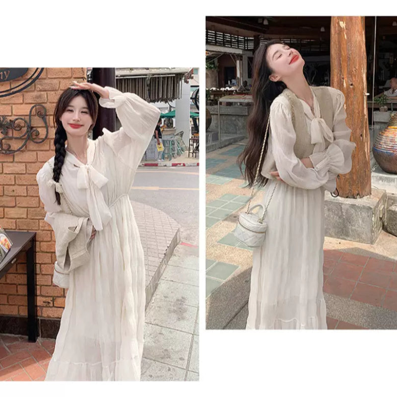ベージュベスト×シフォンワンピース