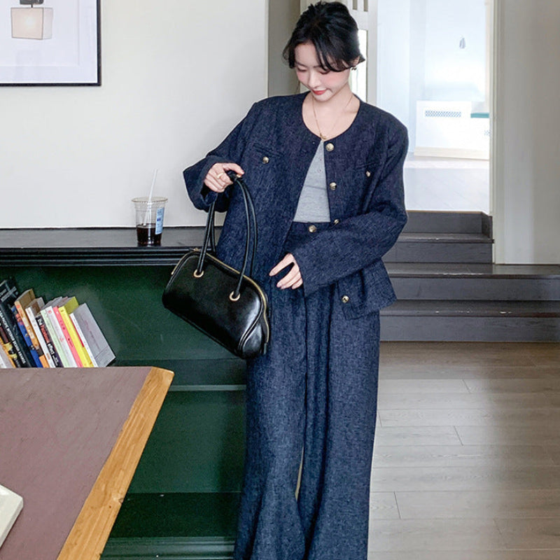 ノーカラージャケット×ワイドパンツセット（紺）秋/春 スタイルを