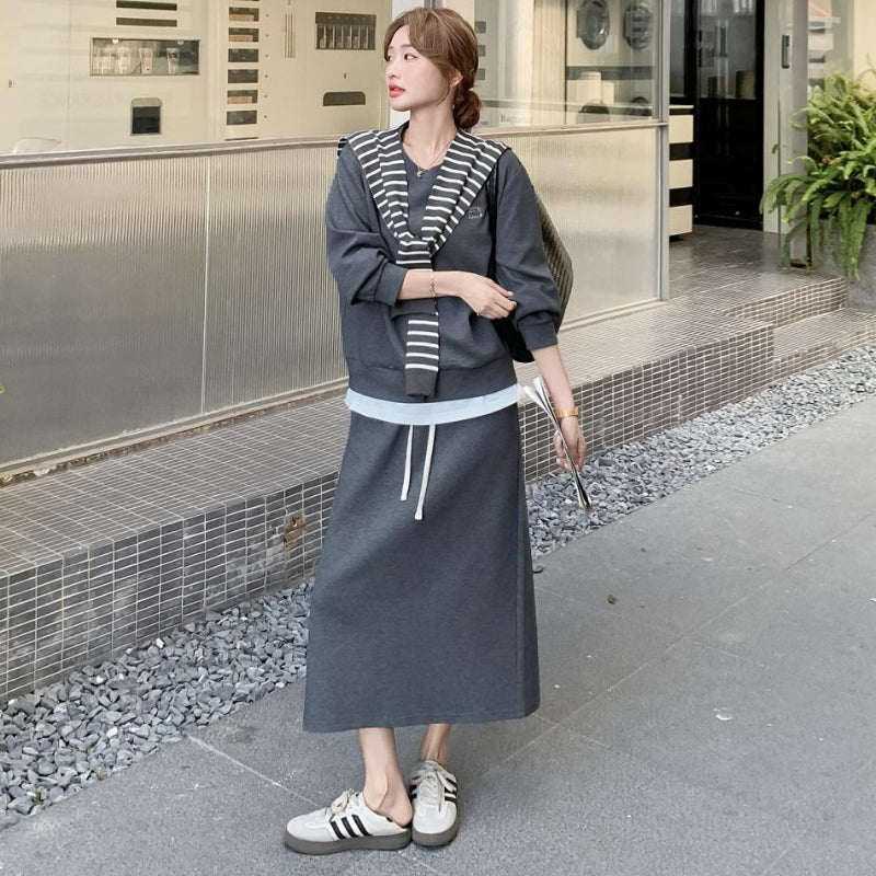 ボーダーショール付きスウェット×スカートセットアップ(2colors)