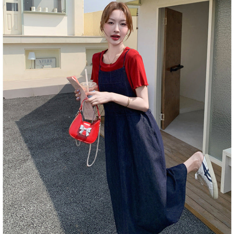 半袖Tシャツ×デニムサスペンダースカートセット
