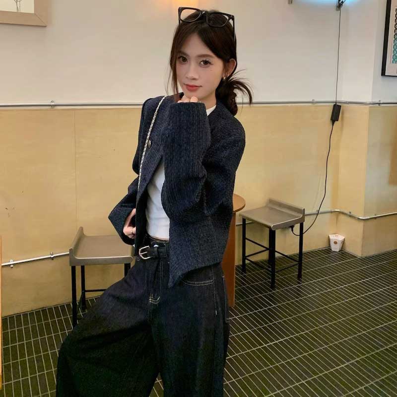 ノーカラーネイビーツイードジャケット（紺）秋/冬 羽織るだけでパリ