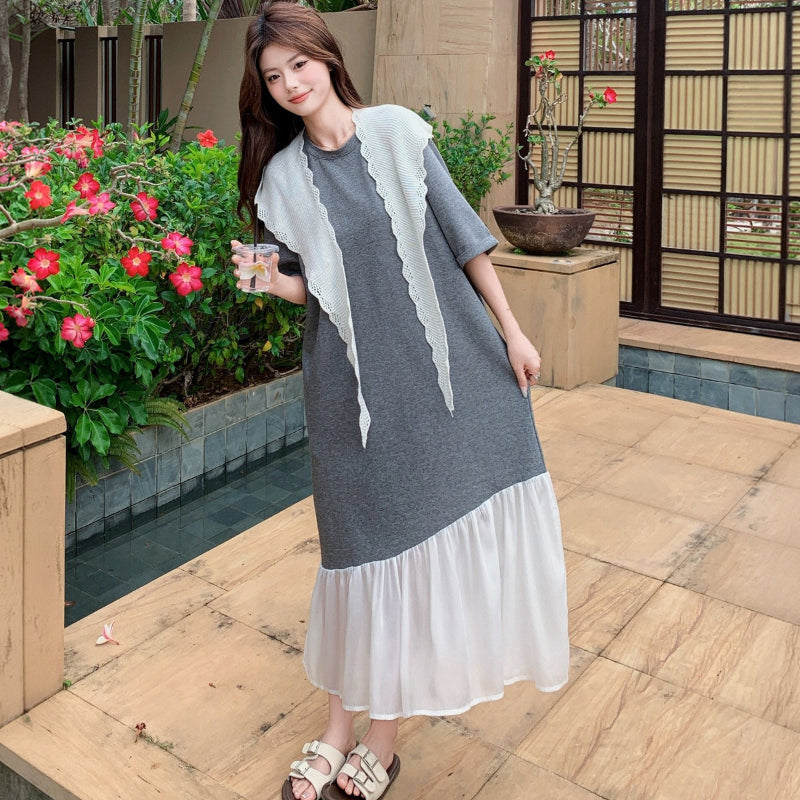 シフォン切り替え５分袖ワンピース