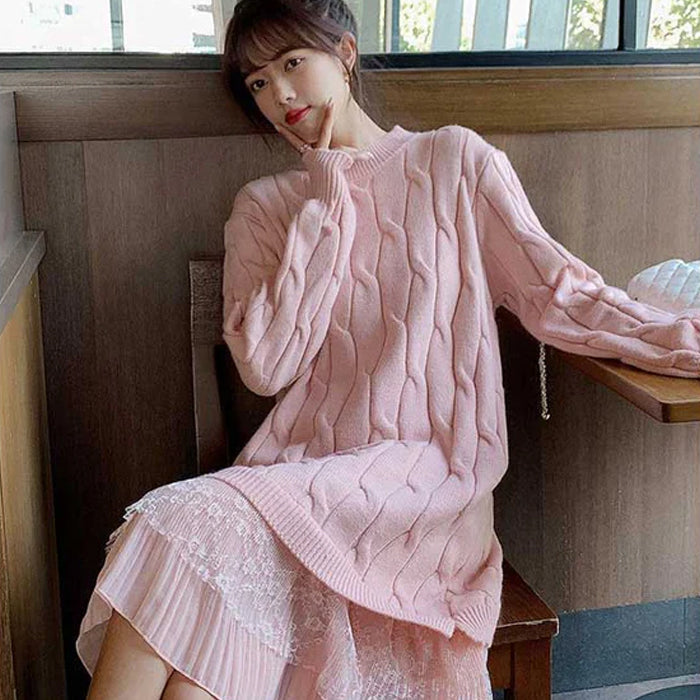 裾レースケーブルニットワンピース(3colors)