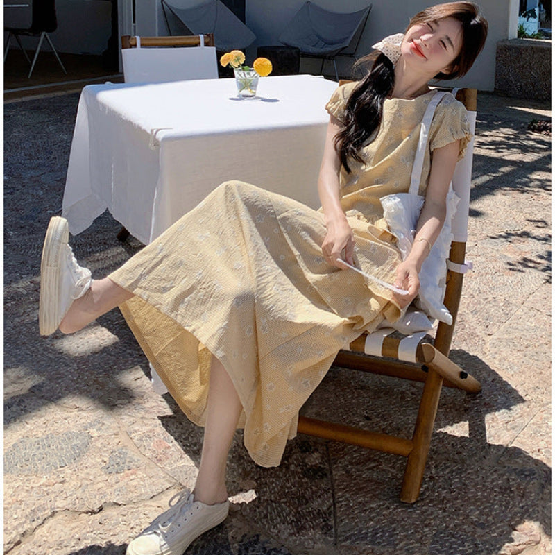 レトロイエローフリルデザインワンピース