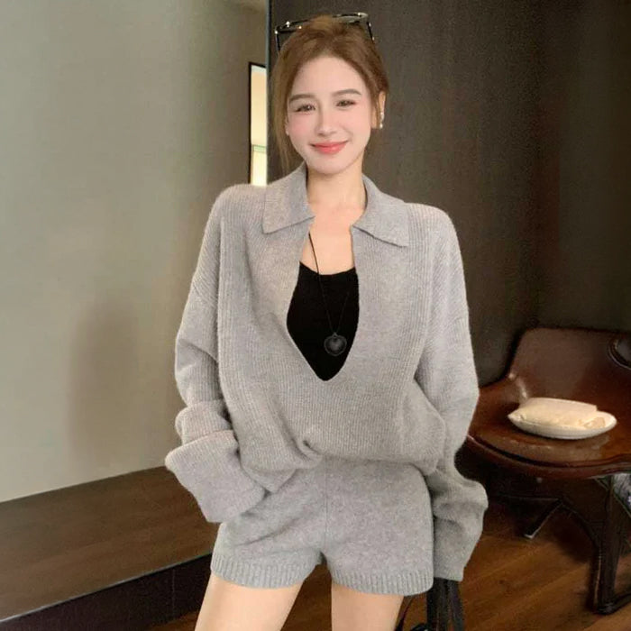 Vネックオーバーサイズニット×ショートパンツ(3colors)