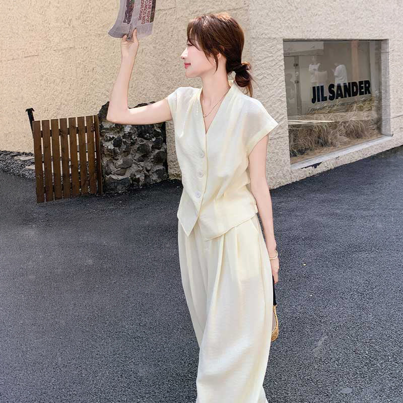 ジレ風トップス×タックワイドパンツ(2colors)