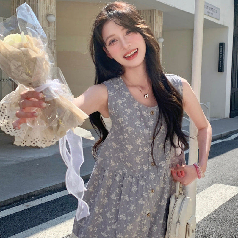 小花柄ノースリーブグレーワンピース