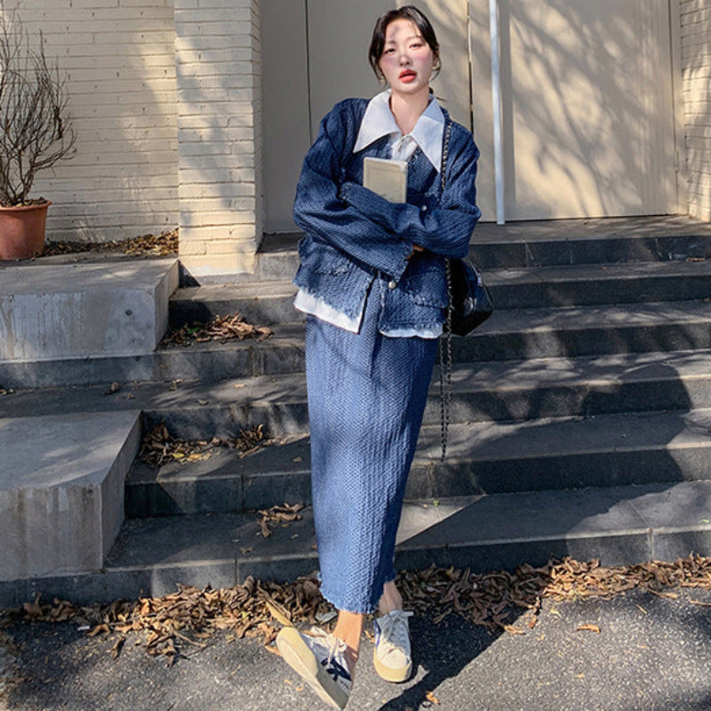 デニムジャケットスカートスーツ×ブラウス3点セット