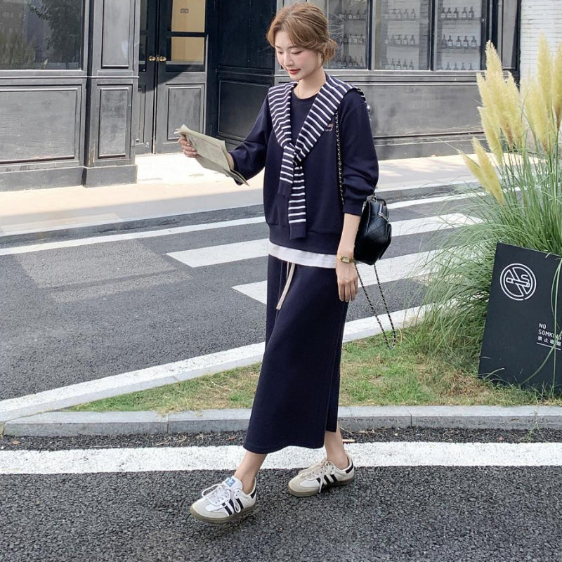 ボーダーショール付きスウェット×スカートセットアップ(2colors)