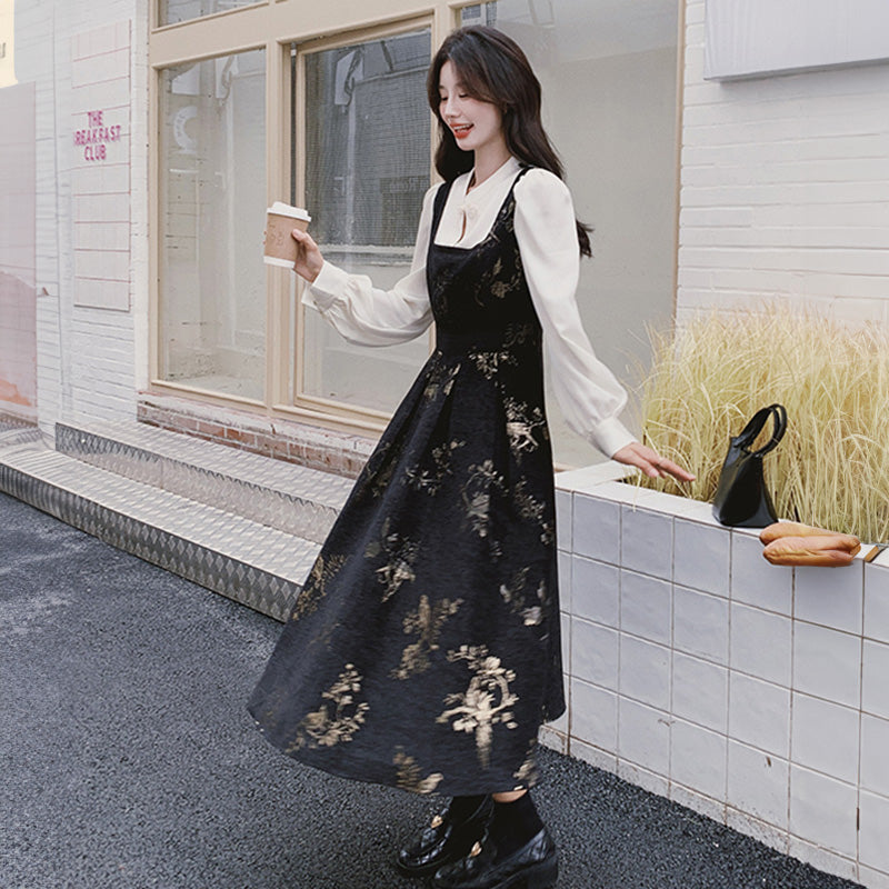 レイヤード風刺繍プリントワンピース