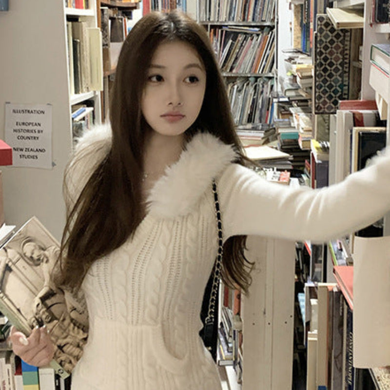 ファーフード付きケーブルニットセーター(2colors)