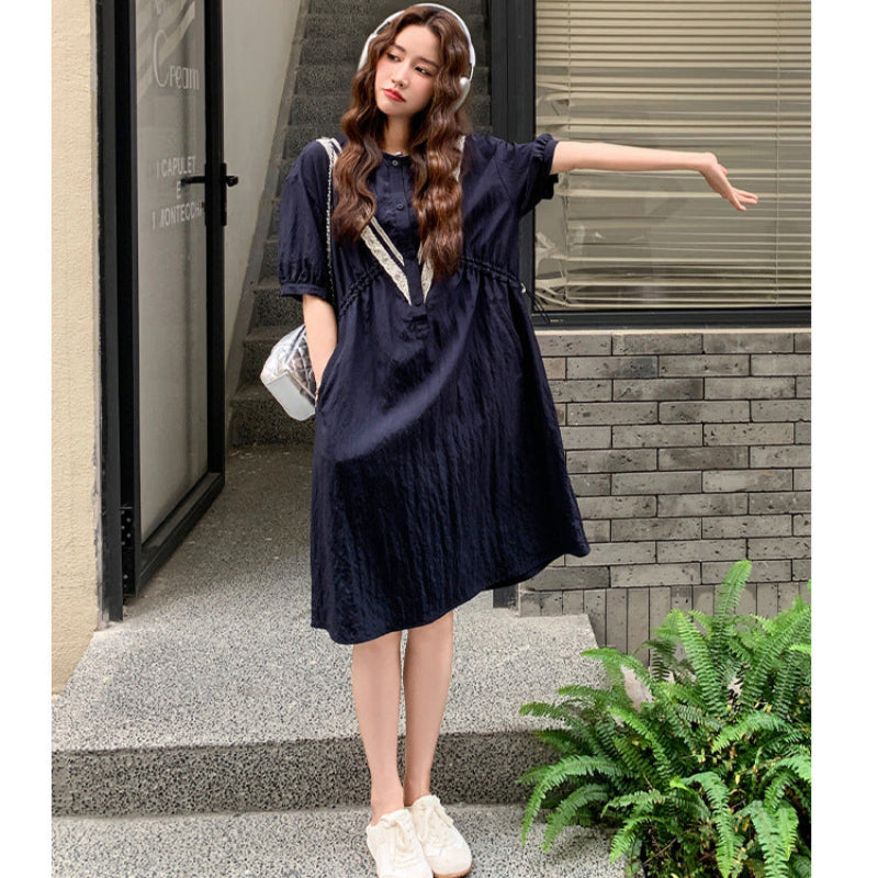 ネイビーVラインデザイン5分袖ワンピース（紺）春/夏/秋 配色Vラインが