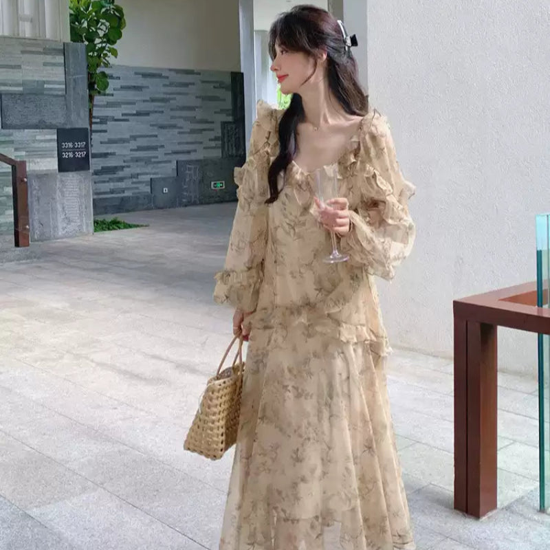 レトロフラワーフリルデザインワンピース