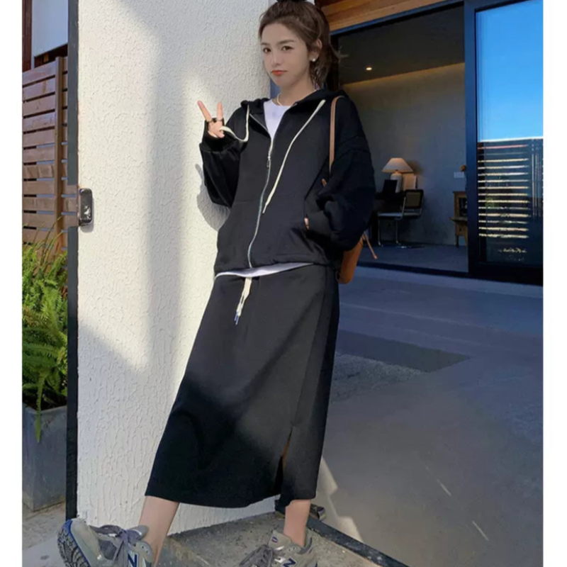 オーバーサイズパーカー×スリットスカートセット(Black)