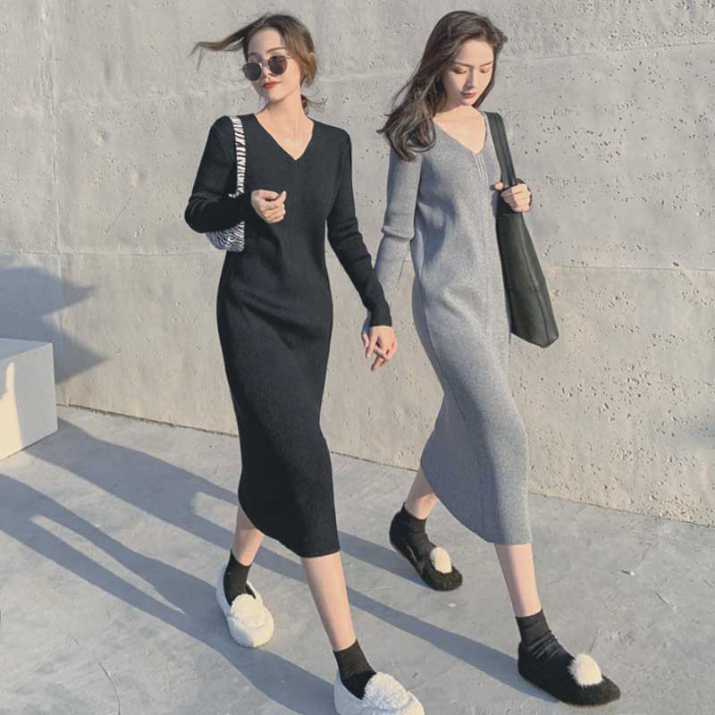 Vネックリブニットワンピース(2colors)