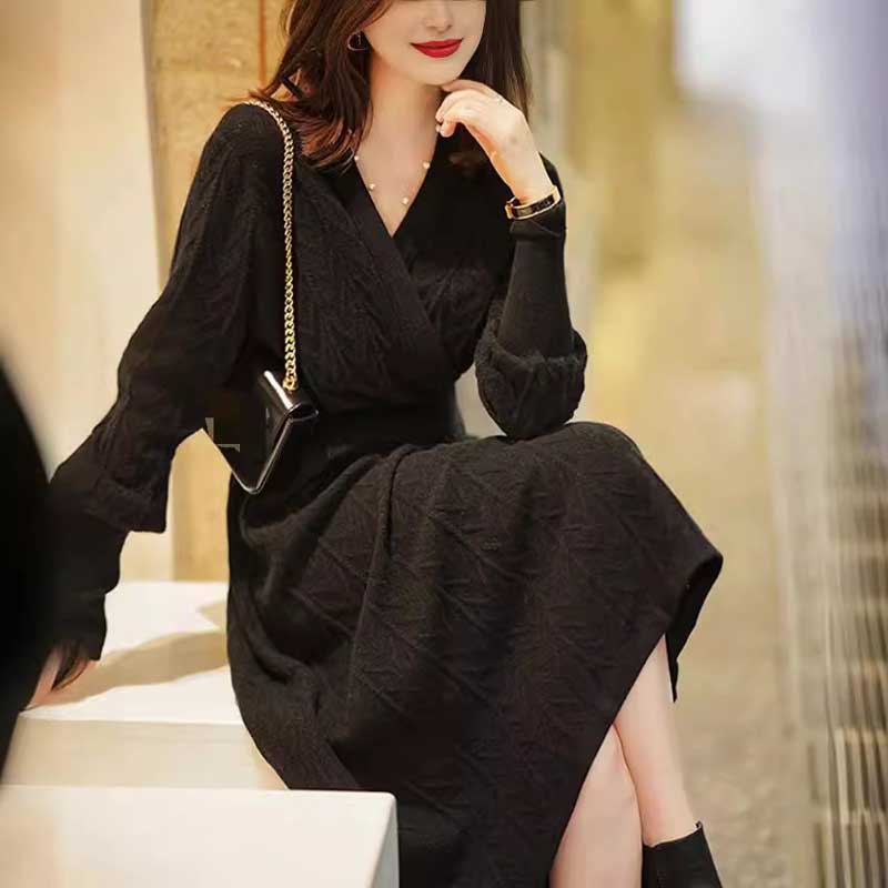 カシュクールニットワンピース(2colors)（黒・ベージュ）秋/冬