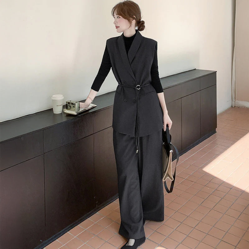 スリーブレスジャケット×トップス×ワイドパンツ3点セット