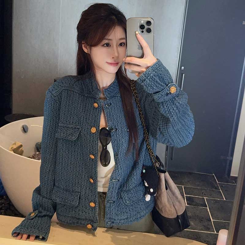 デニム風ノーカラージャケット