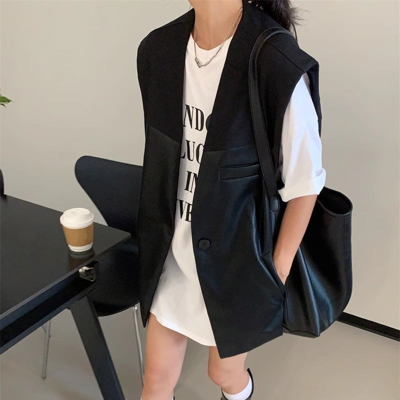 切り換えデザインPUレザーベスト