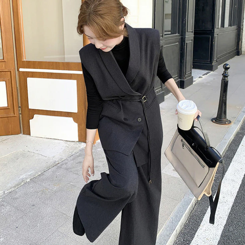 スリーブレスジャケット×トップス×ワイドパンツ3点セット