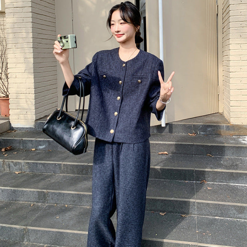 ノーカラージャケット×ワイドパンツセット（紺）秋/春 スタイルを