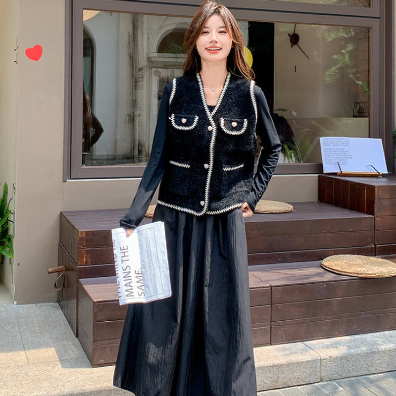 ツイードベスト×異素材切り替えワンピース