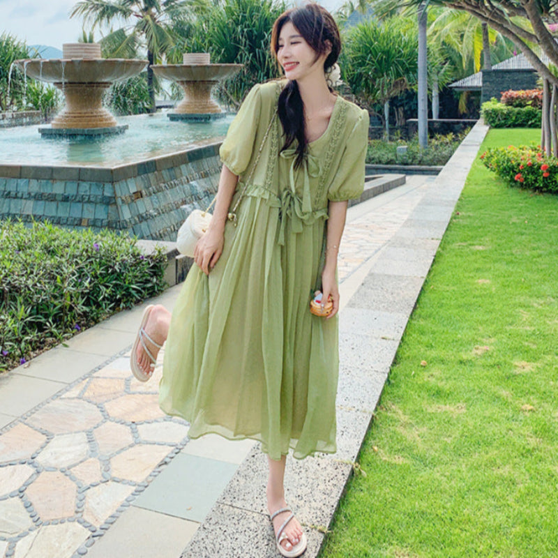 サイドフリルオーバーサイズワンピース（黄緑）春/夏/秋 エレガント