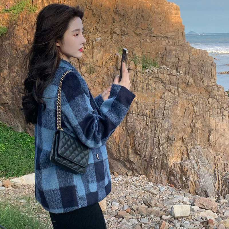 チェックシャギーコート