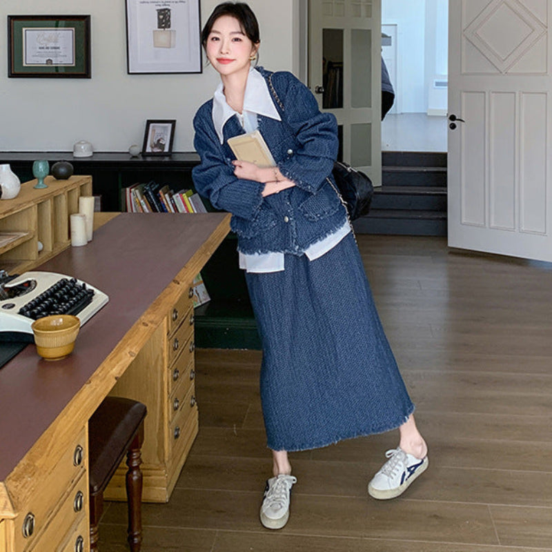 デニムジャケットスカートスーツ×ブラウス3点セット3点セット (青) 春