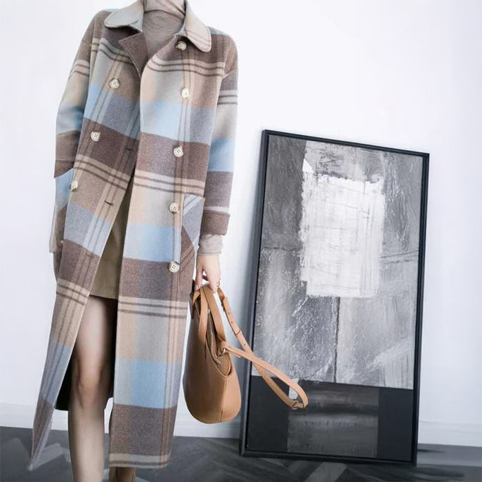 チェック柄ロングチェスターコート