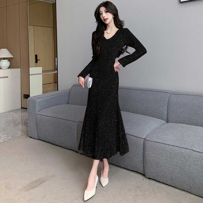 スパンコールフレアワンピース(5colors)