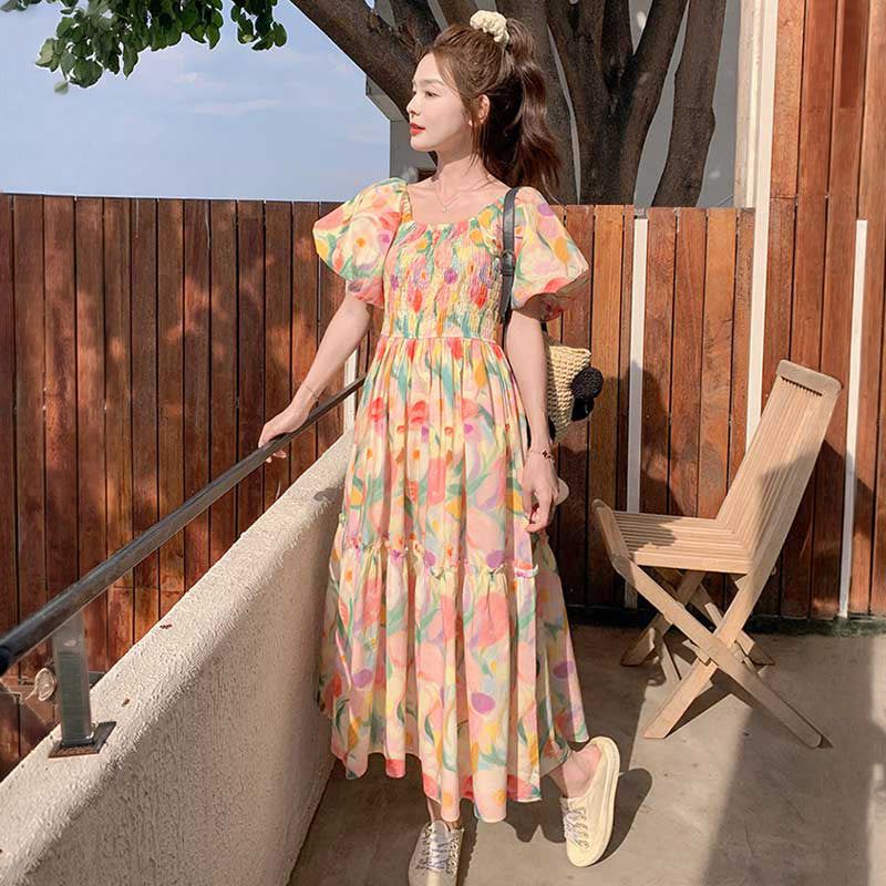 チューリップ柄シャーリングワンピース
