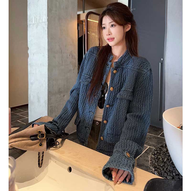 デニム風ノーカラージャケット