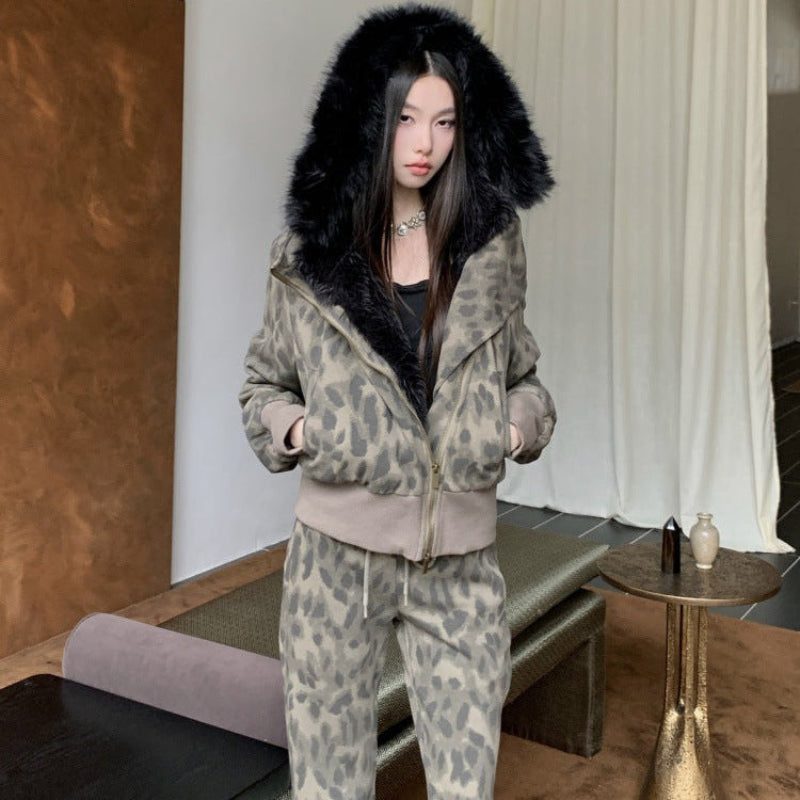 レオパードスウェットファーパーカー×パンツセット