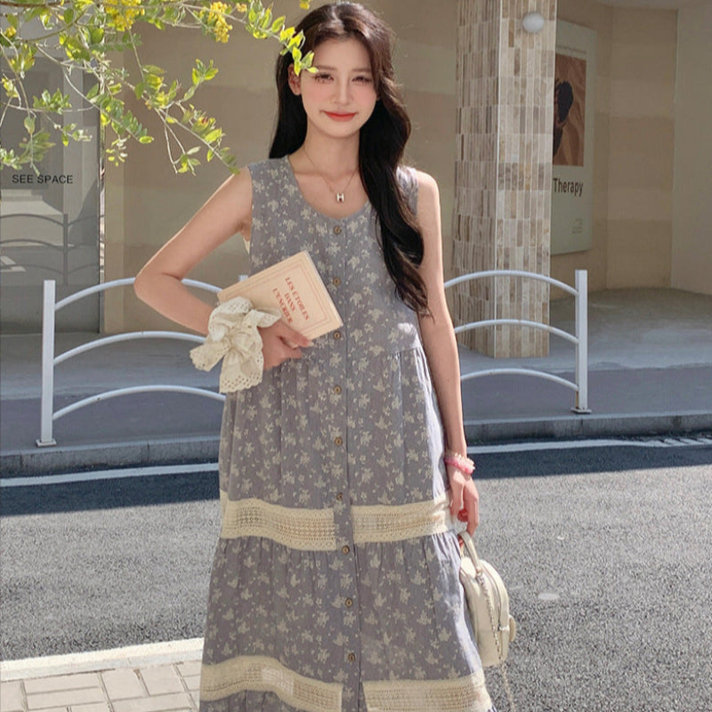 小花柄ノースリーブグレーワンピース