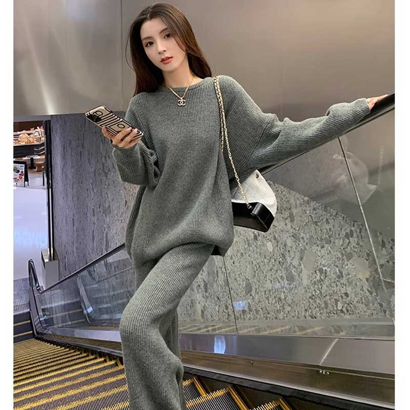 リブニットセットセットアップ（灰）秋/冬 ゆったりオーバーサイズが魅力