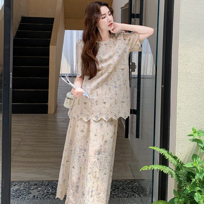 花柄プリントトップス×スカートセットアップ