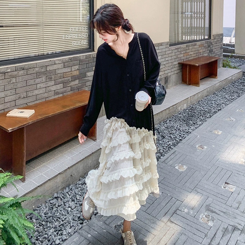 カラーシャツドッキングチュールワンピース