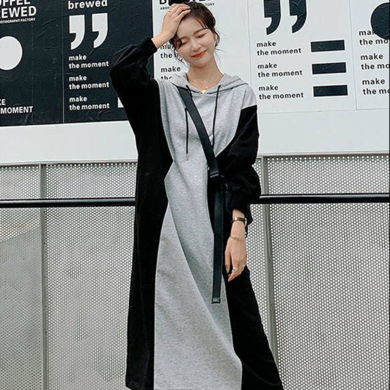 バイカラーパーカーワンピース (灰・黒) 秋/冬/春 L～3XL 着やせ効果