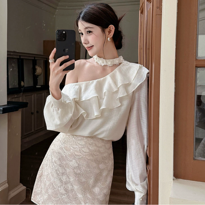 ワンショルダーフリルカラーブラウス(3colors)