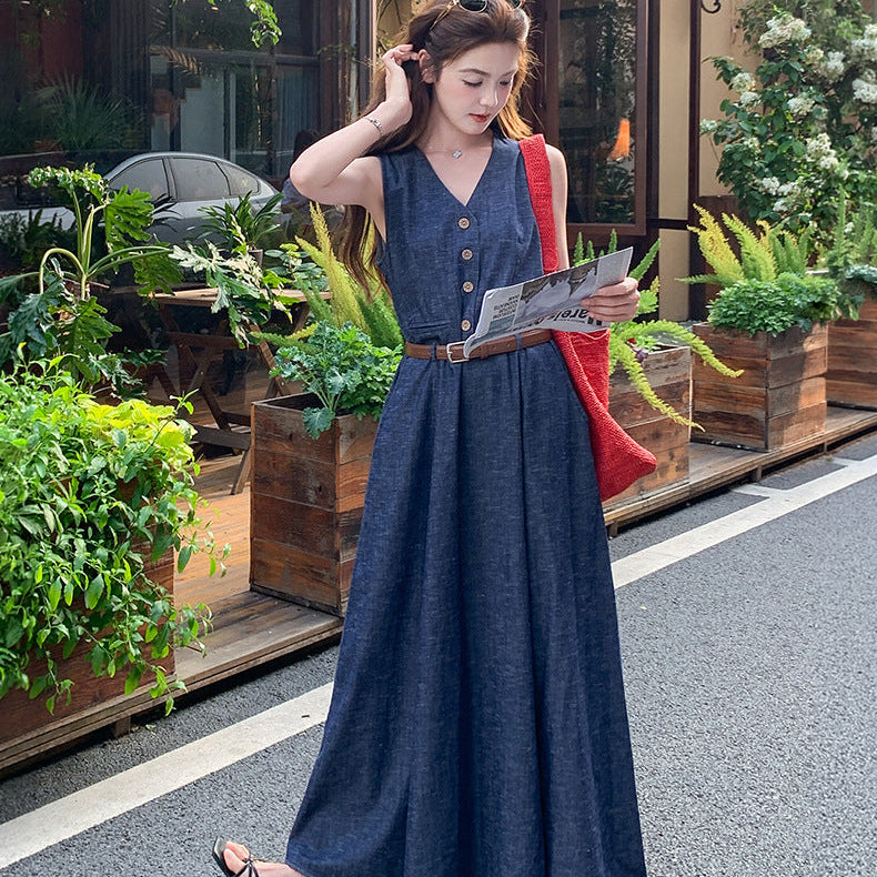 ノーカラーデニムワンピース