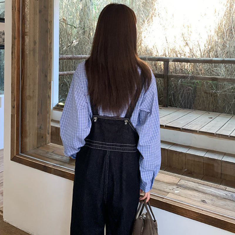 ステッチデザインデニムサロペットパンツ